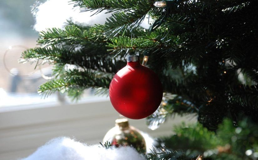 Red Christmas ornament on a green tree, with a window and snowy scene in the background.