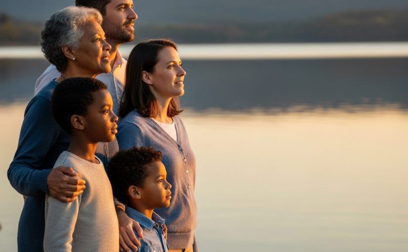 Family of five, diverse ages and ethnicities, gazing at a calm lake at sunset.