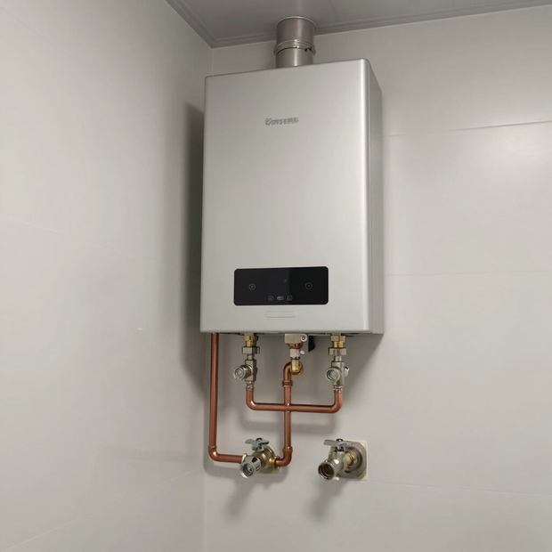 Wall-mounted white boiler with copper pipes in a small utility room