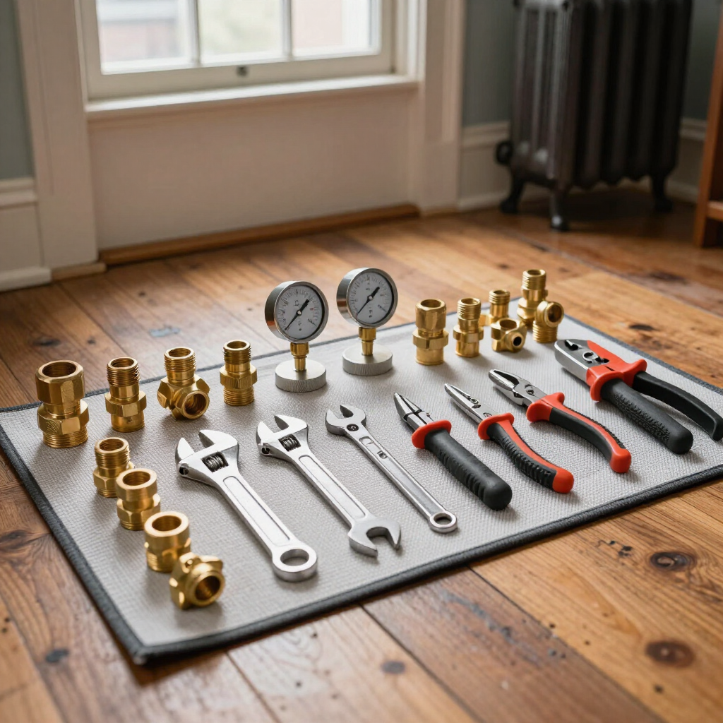 Plumbing tools and brass fittings arranged on a mat in a sunlit room, with two pressure gauges and wrenches.