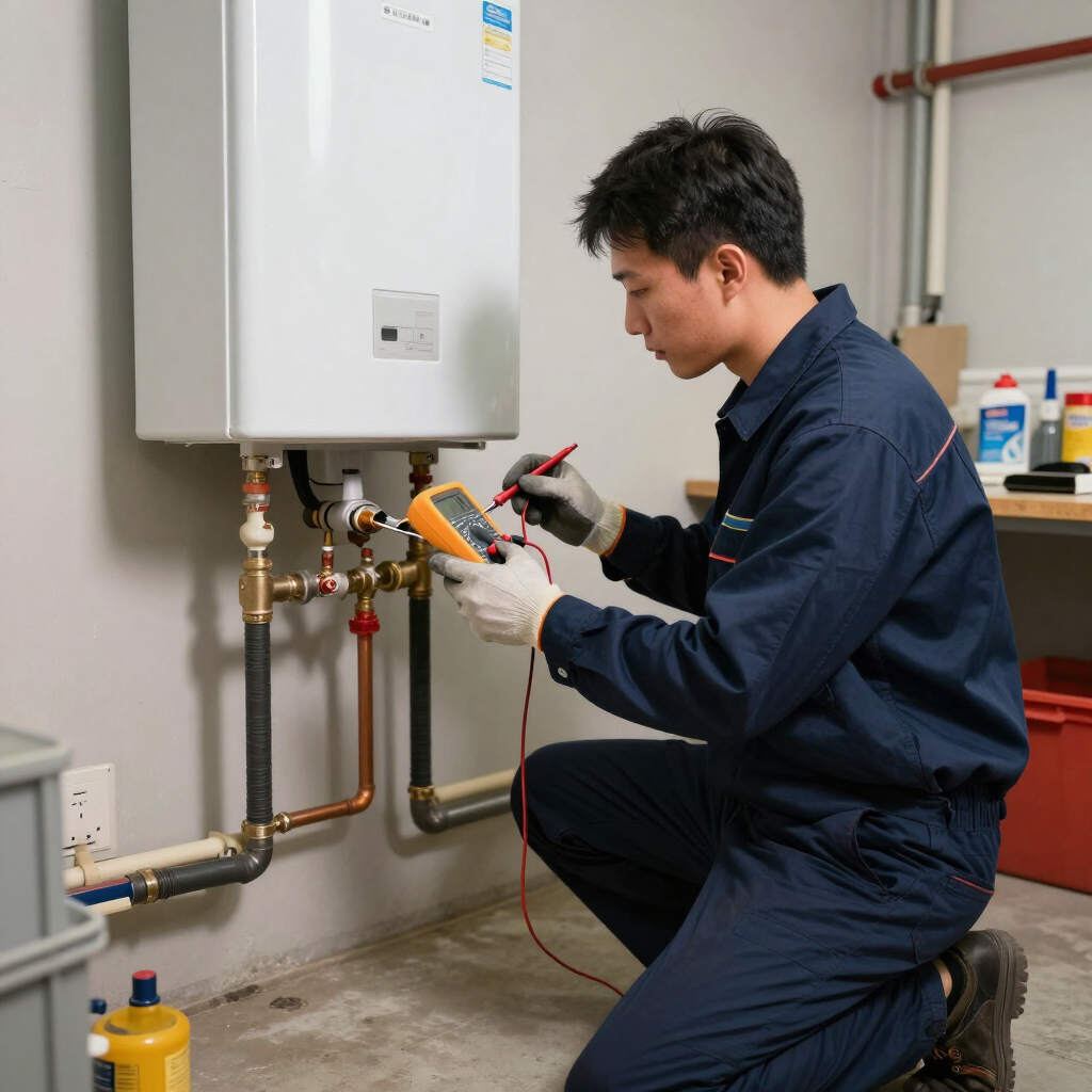 Technician using a multimeter to inspect a wall-mounted water heater and plumbing pipes