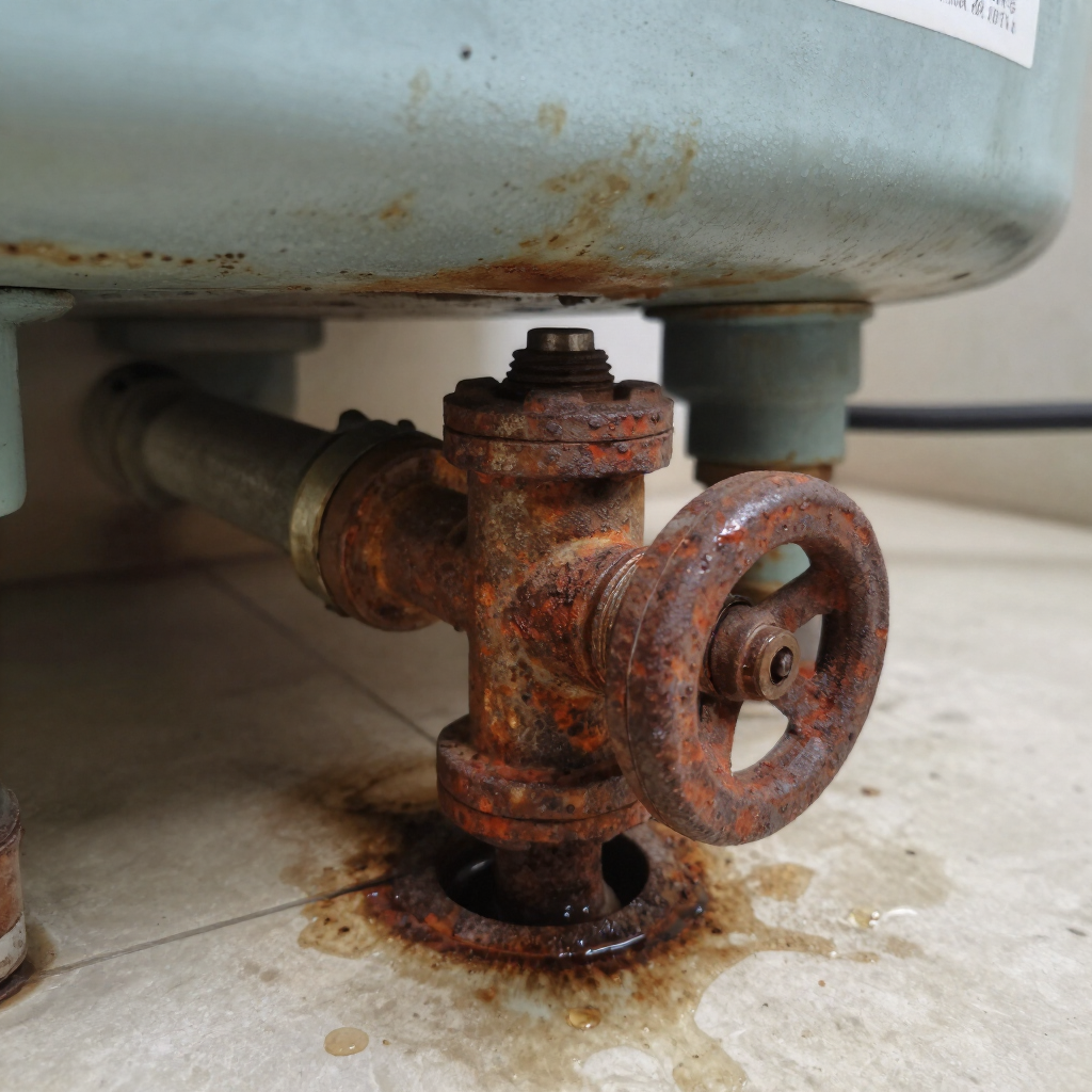 Rusty valve beneath a tank, with corrosion and leaking residue on the floor