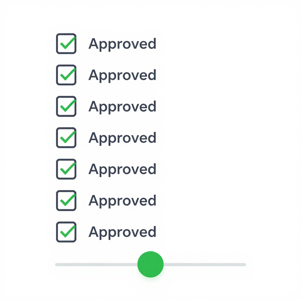 Seven green-checked βApprovedβ items above a green slider knob on a gray line