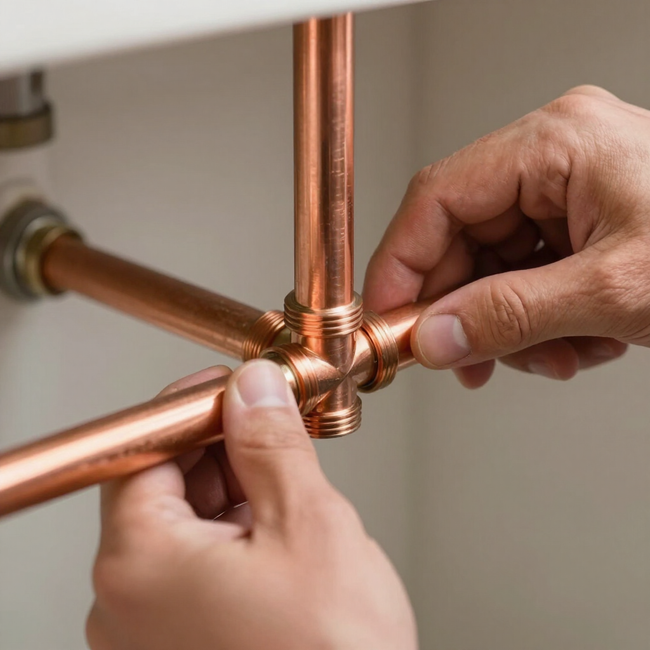 Hands tightening a copper pipe fitting on a plumbing joint