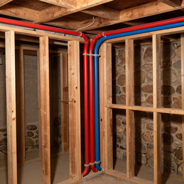 Exposed red and blue plumbing pipes running through unfinished wall framing in a basement