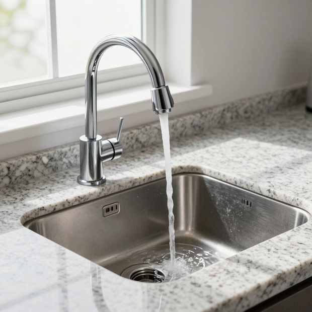 Kitchen sink with chrome faucet running water into a stainless steel basin