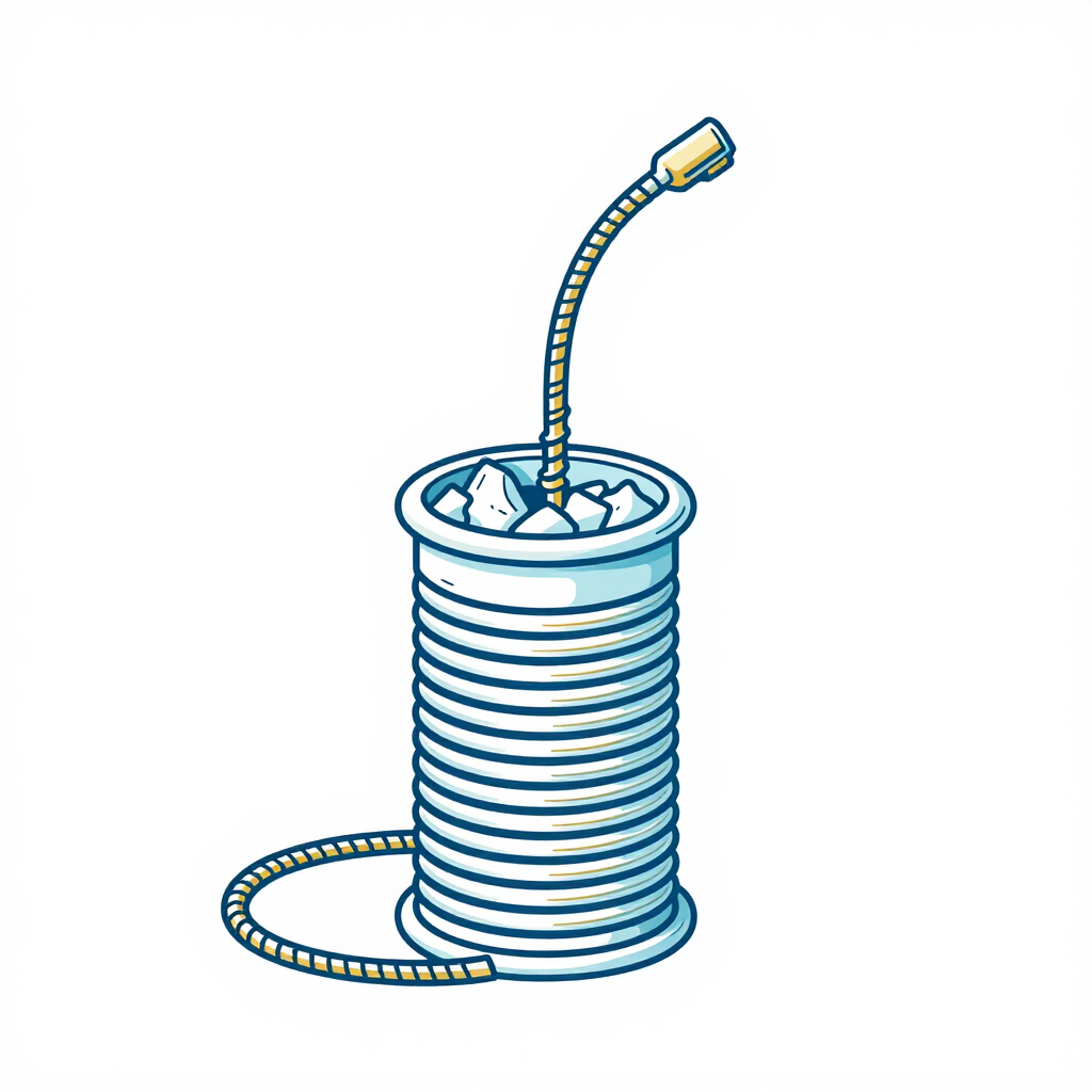 Coiled blue hose on a spool with a spray nozzle attached