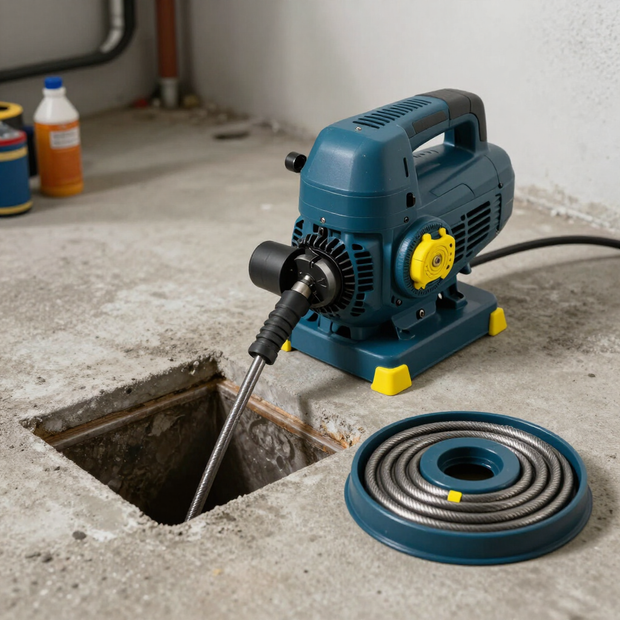 Blue drain-cleaning machine with coiled hose beside an open floor drain in a concrete room