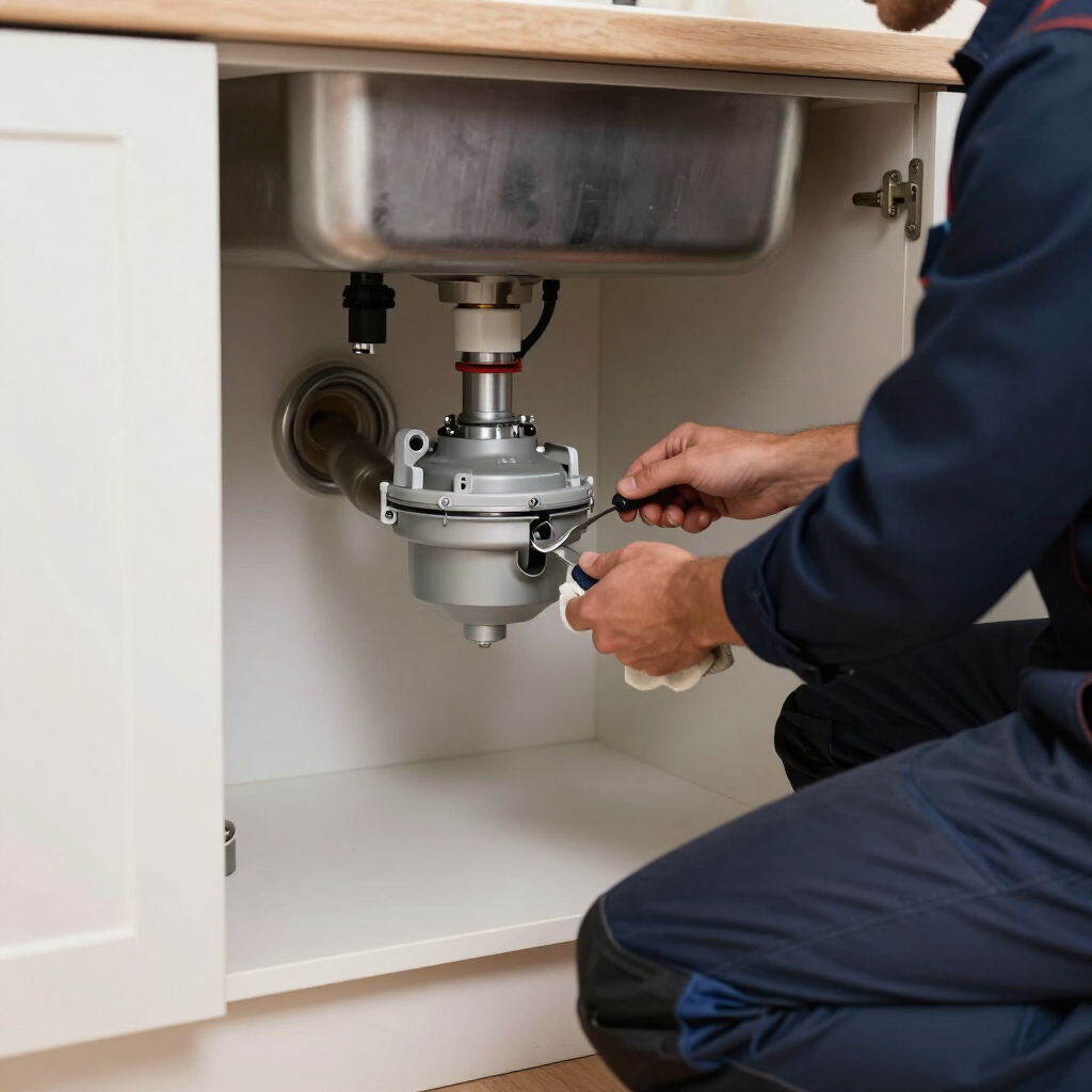 Technician installing a gray garbage disposal under a kitchen sink, with tools in hand.
