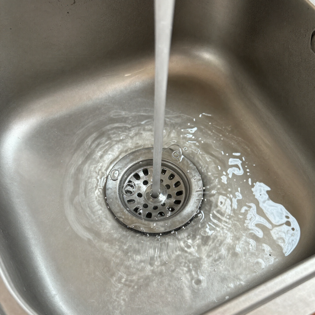 Water running into a stainless steel sink drain, creating ripples and reflections.