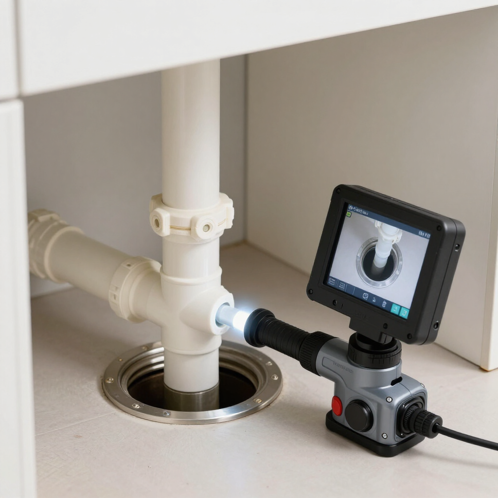 Inspection camera under a sink, viewing white pipes through a circular drain opening
