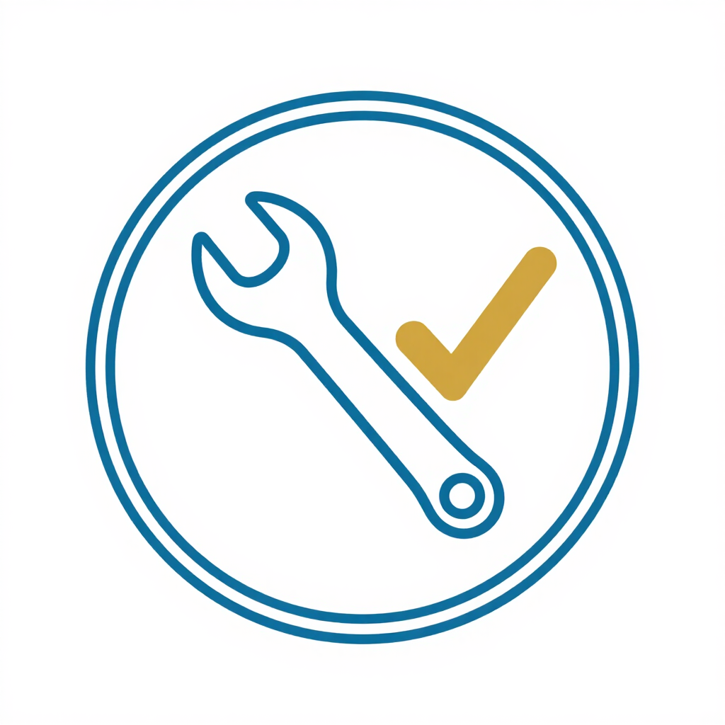 Blue wrench icon with gold check mark inside a blue circle