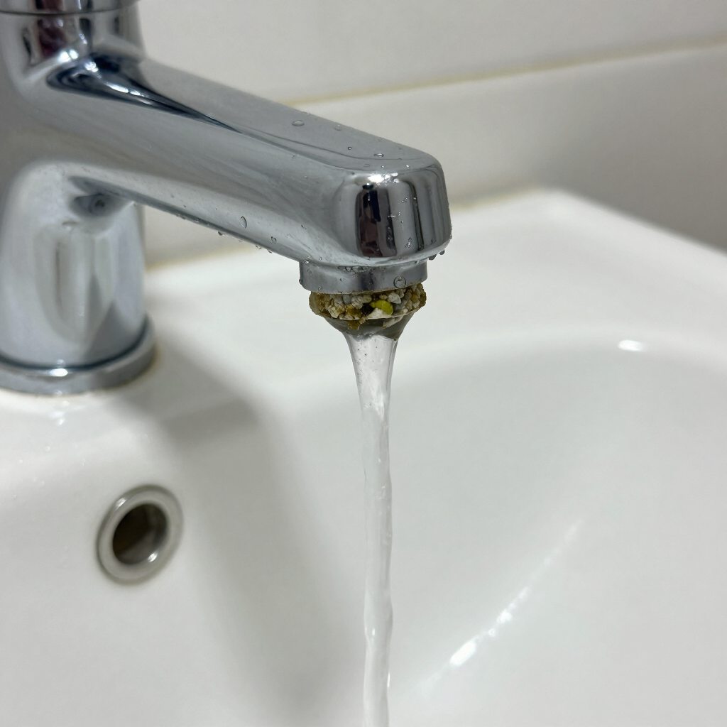 Close-up of a chrome bathroom faucet with water dripping into a white sink
