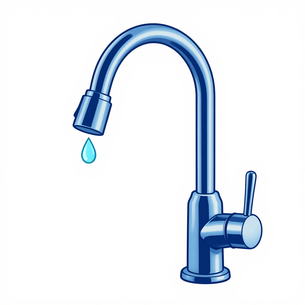 Blue faucet dripping a water drop, isolated on white background