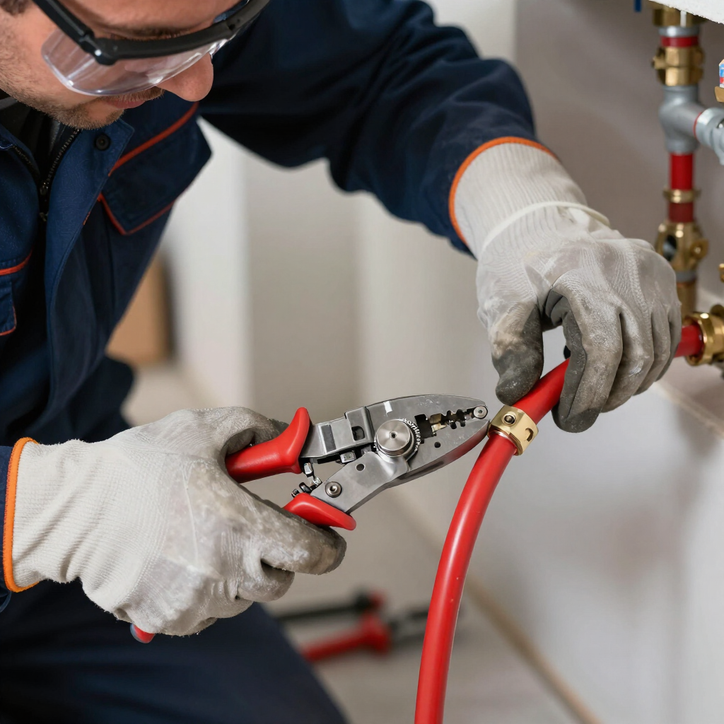 Technician using pliers to cut a red hose near metal pipes, wearing gloves and safety glasses