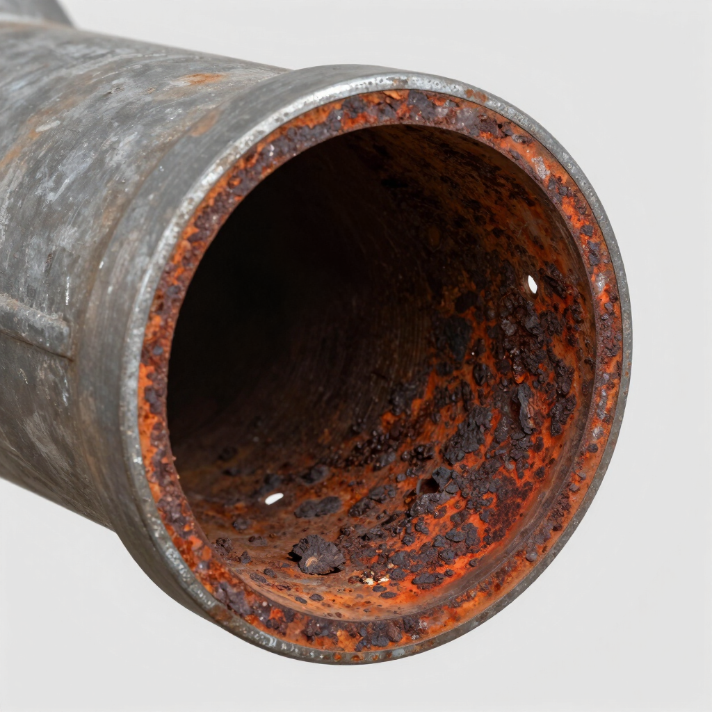 Rusty metal pipe with corroded interior on a plain background