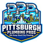 Pittsburgh Plumbing Pros logo with city skyline, blue pipes, and water fountain
