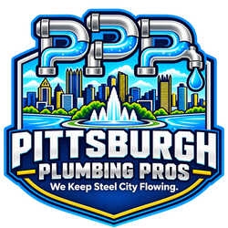 Pittsburgh Plumbing Pros logo with city skyline, blue pipes, and water fountain