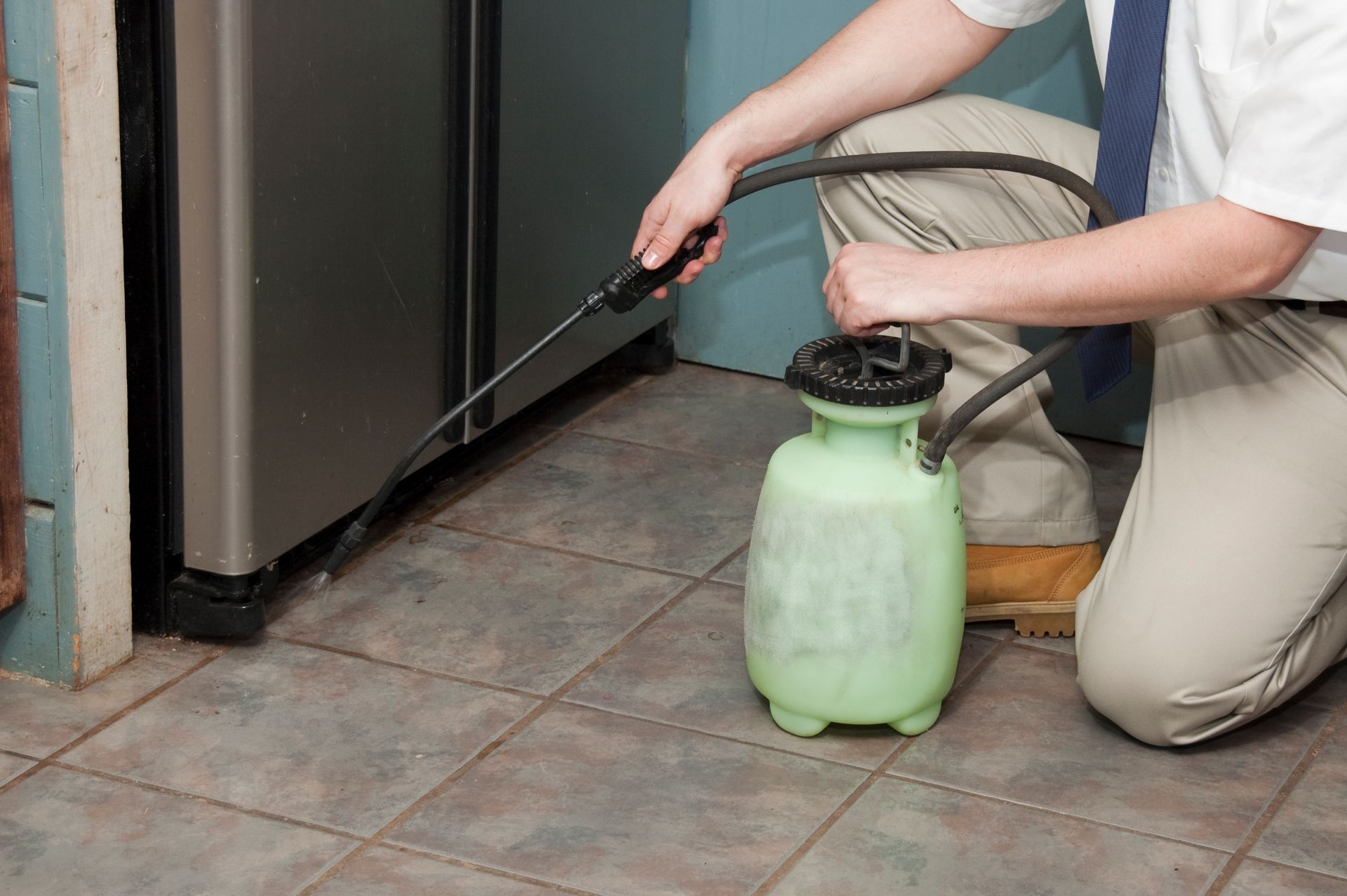 Exterminator Spraying Kitchen Baseboard — Greenville, MI – American Pest Solutions