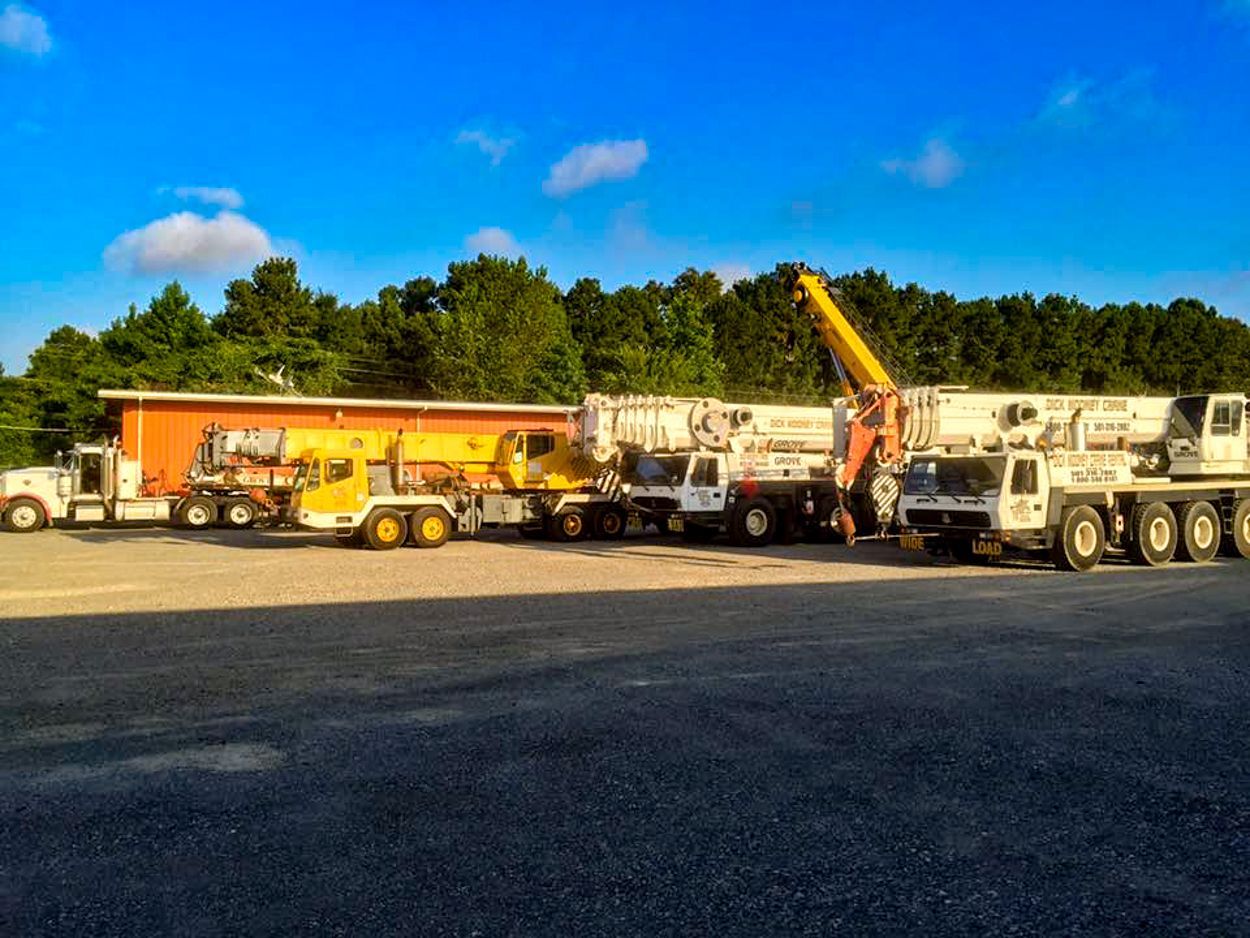 Fleet of heavy-duty construction trucks parked outdoors under a blue sky, near a building and trees.