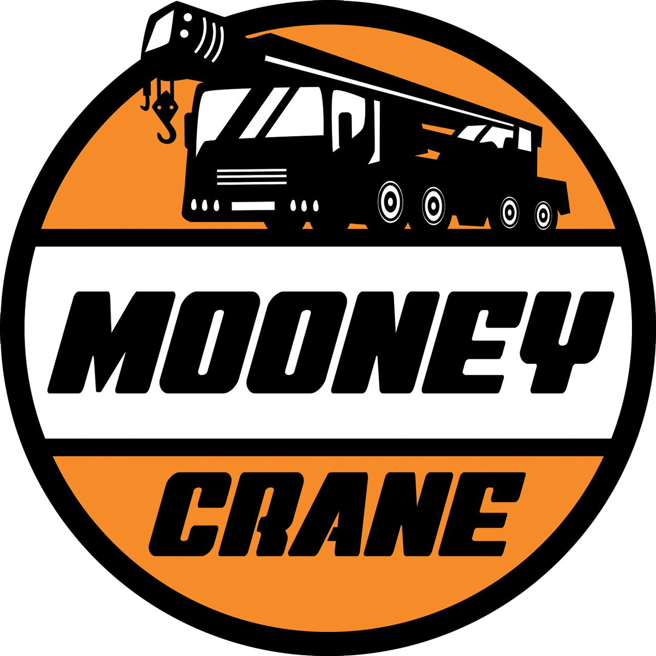 Mooney Crane logo. Black crane silhouette over an orange and white circular design. Text: Mooney Crane.