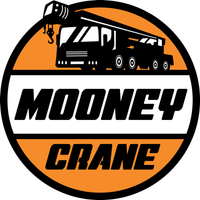 Mooney Crane logo. Black crane silhouette over an orange and white circular design. Text: Mooney Crane.