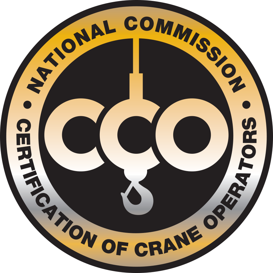 Certification of Crane Operators logo: gold, black, and silver circular emblem with 