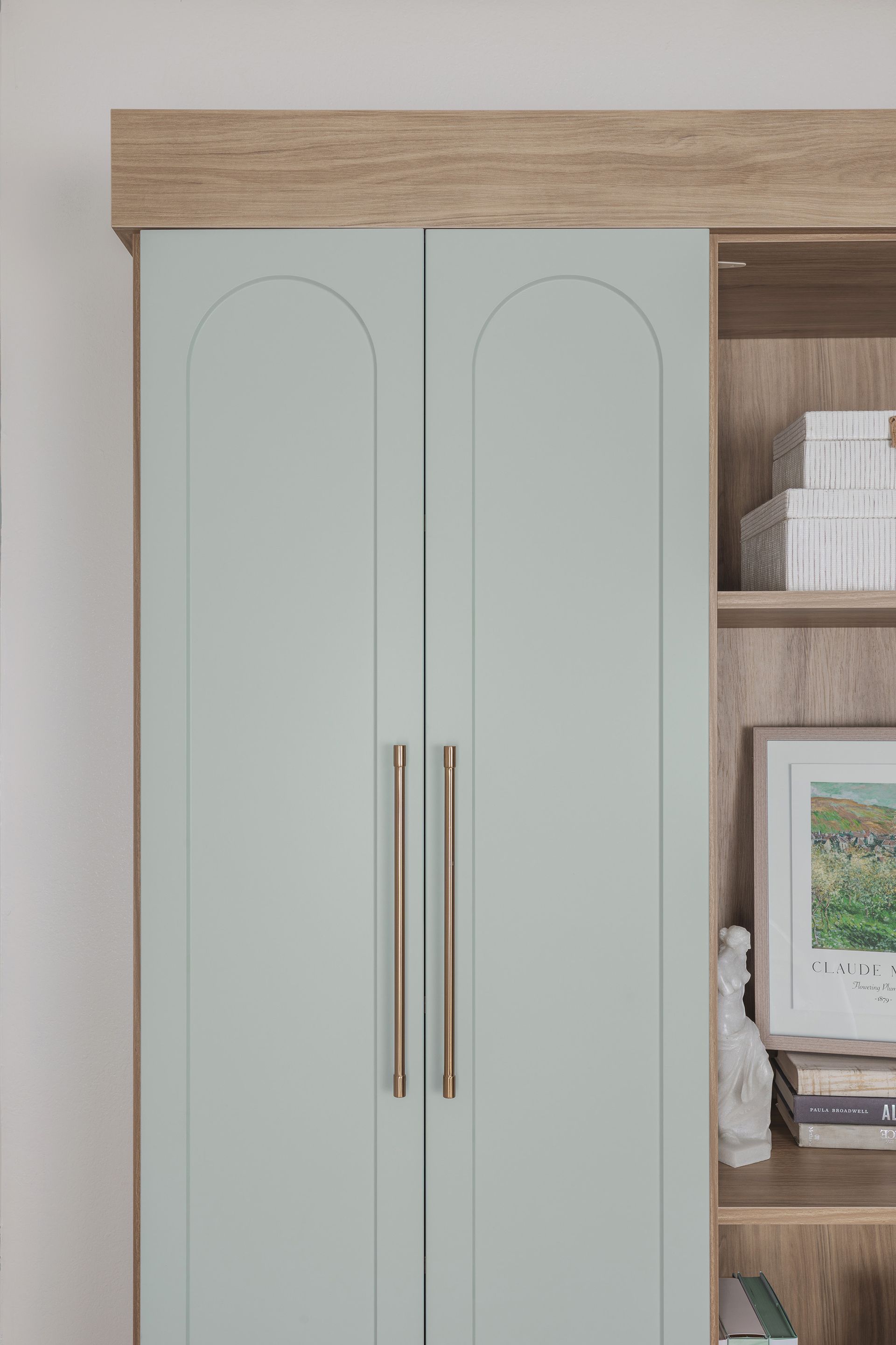 Built-in cabinet with pale green doors and brass handles beside open wooden shelving.