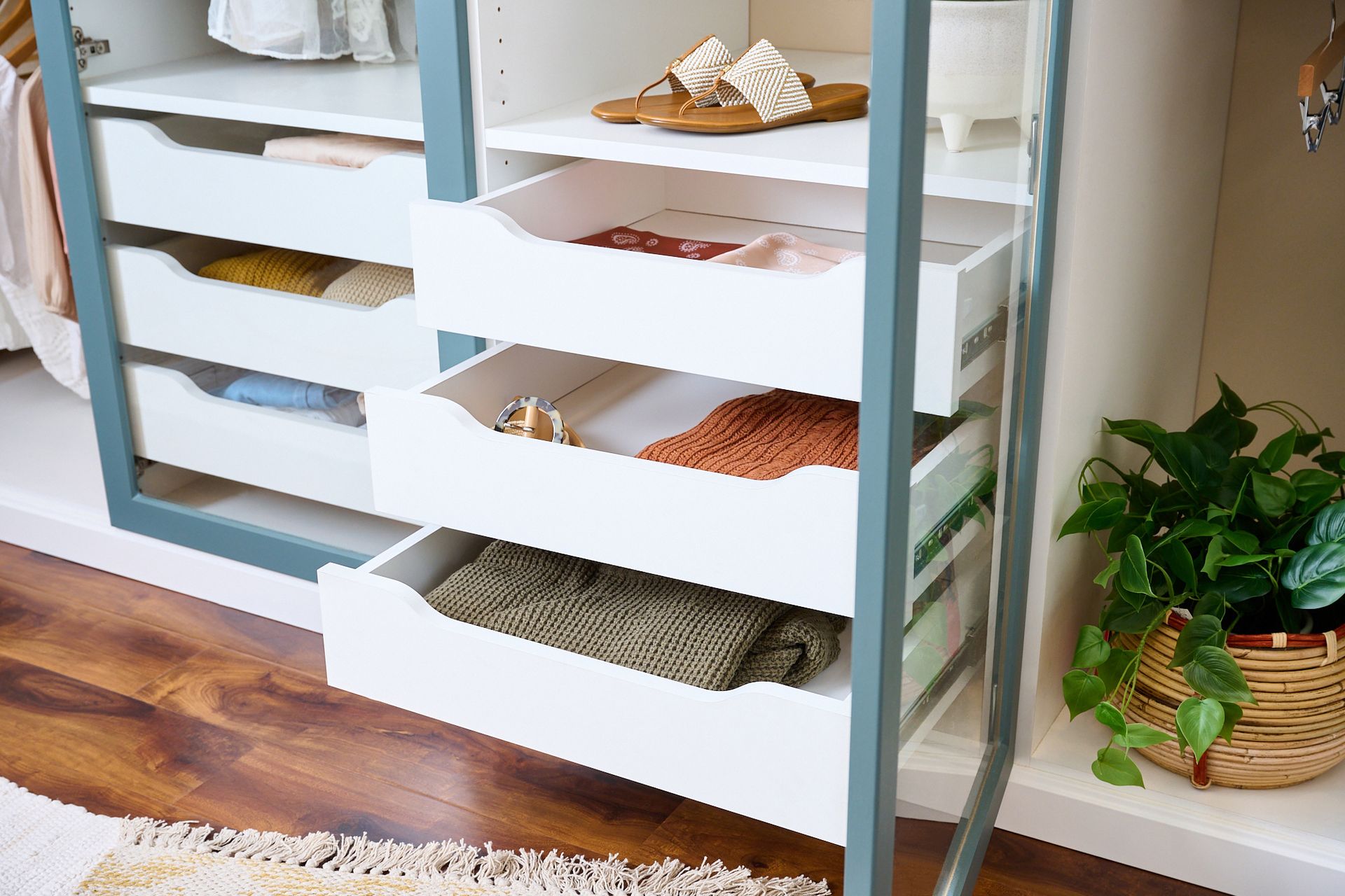 Lagoon and white closet scoop drawers