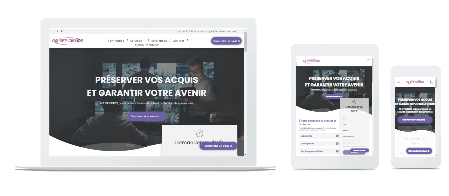 Un ordinateur portable, un téléphone portable et une tablette affichant tous le même site Web.