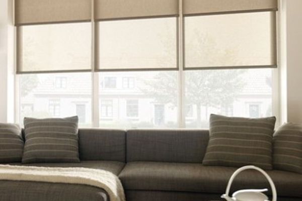 Duo Roller Blinds And A Grey Sofa — Wholesale Window Coverings in Newcastle, NSW
