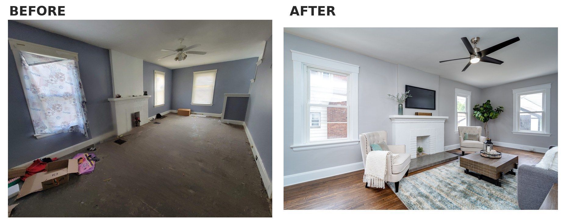 Before-and-after living-room renovation in a Cincinnati house project