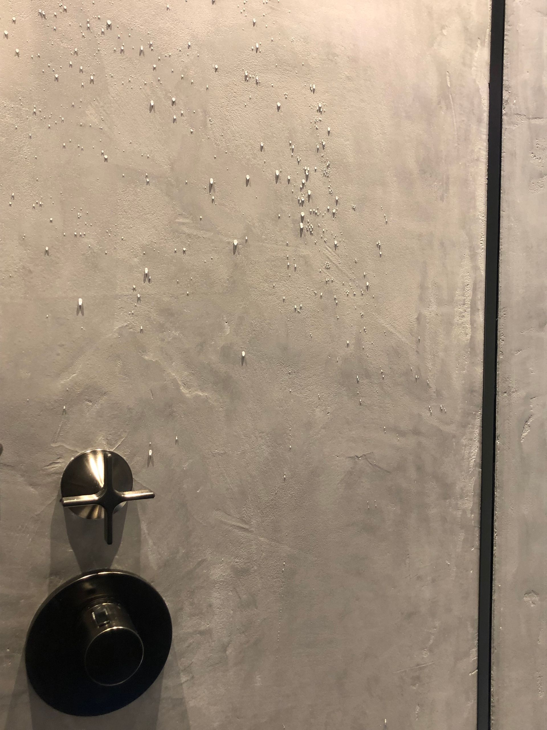 Eine Nahaufnahme eines Duschkopfes auf einer Betonwand.