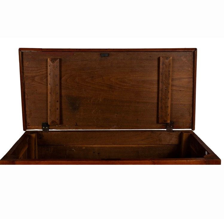 Open wooden storage box with hinged lid, shown open on a white background