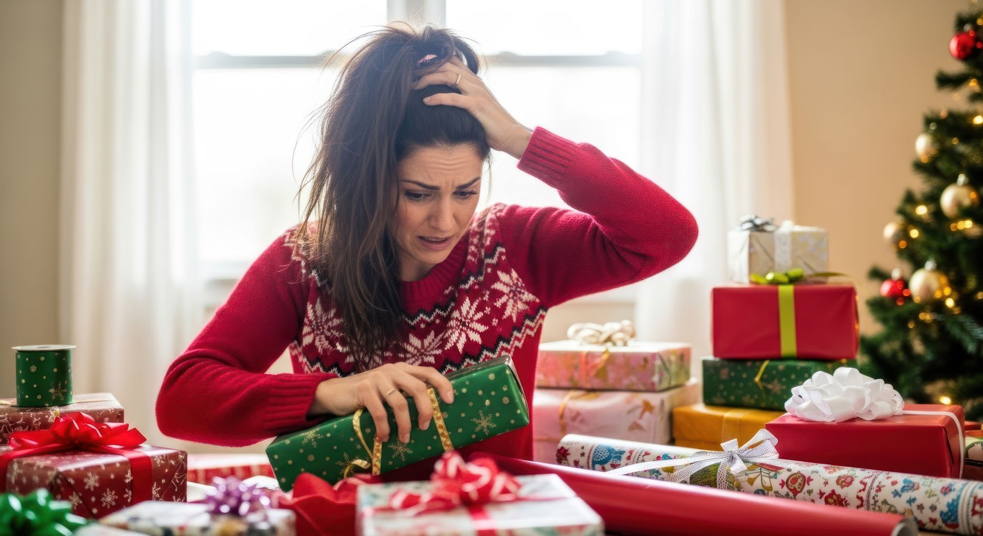 Woman stressed while wrapping presents, surrounded by gifts and wrapping paper. Christmas tree in background.