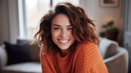A woman in an orange sweater is smiling for the camera while sitting on a couch.