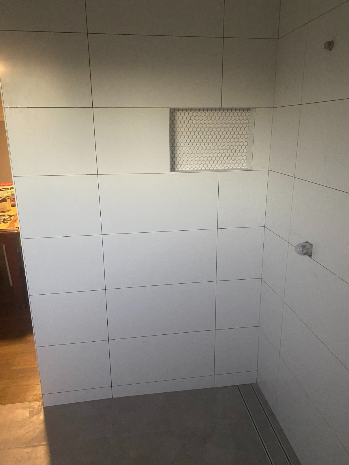 White Tiled Shower With a Section of Small, Textured Tiles — Worrall Tiling in South Kempsey, NSW