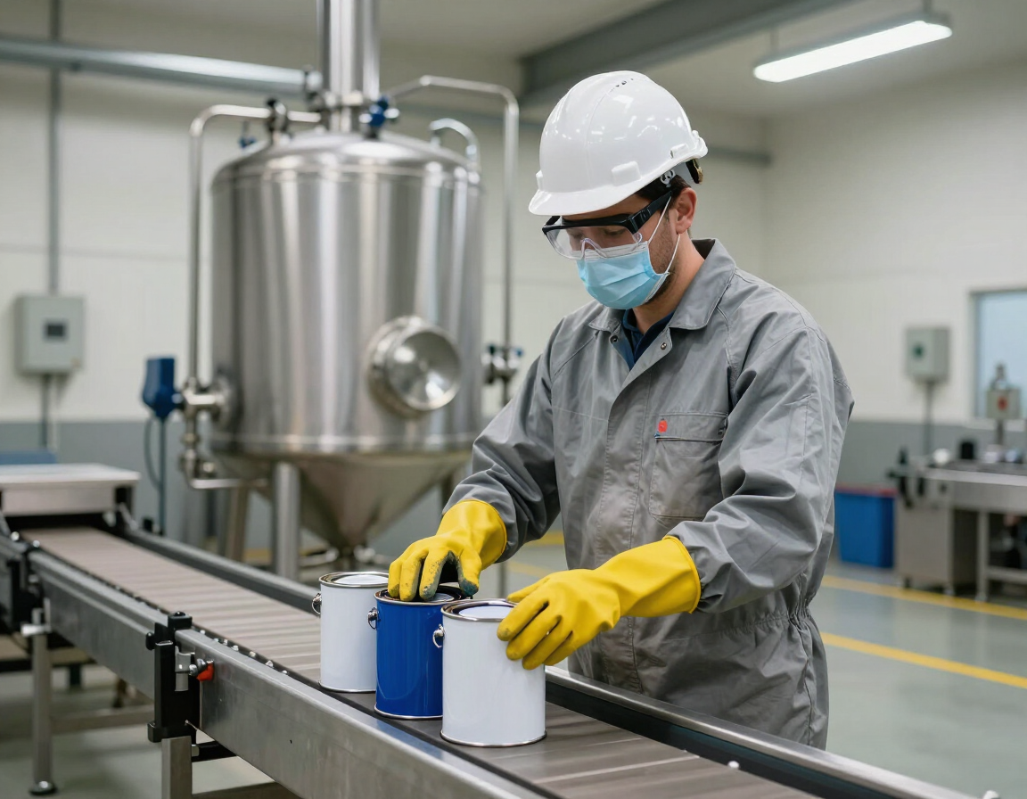 Operário em fábrica de tintas industriais manipulando latas na linha de produção