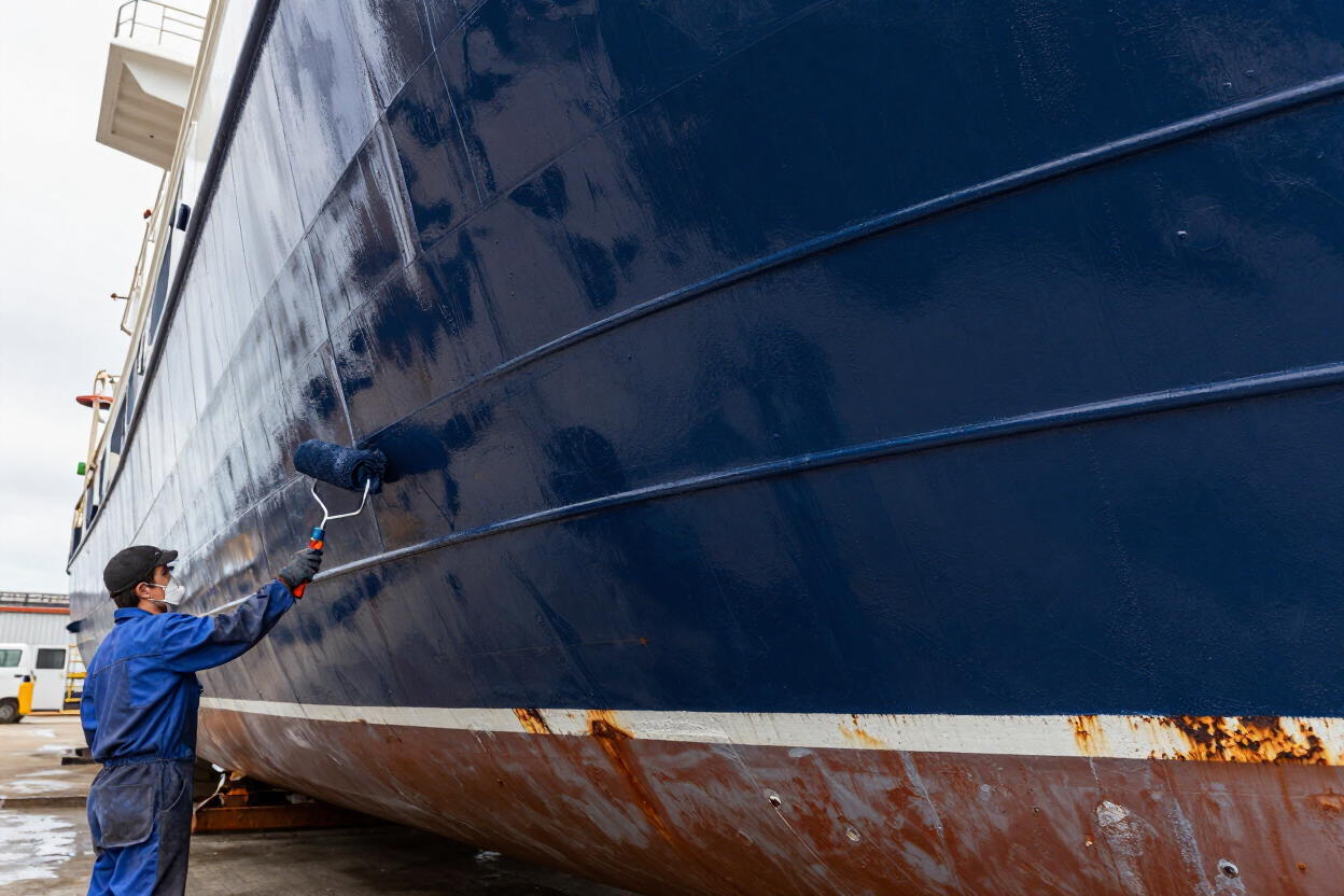 Aplicação de tinta em casco de embarcação