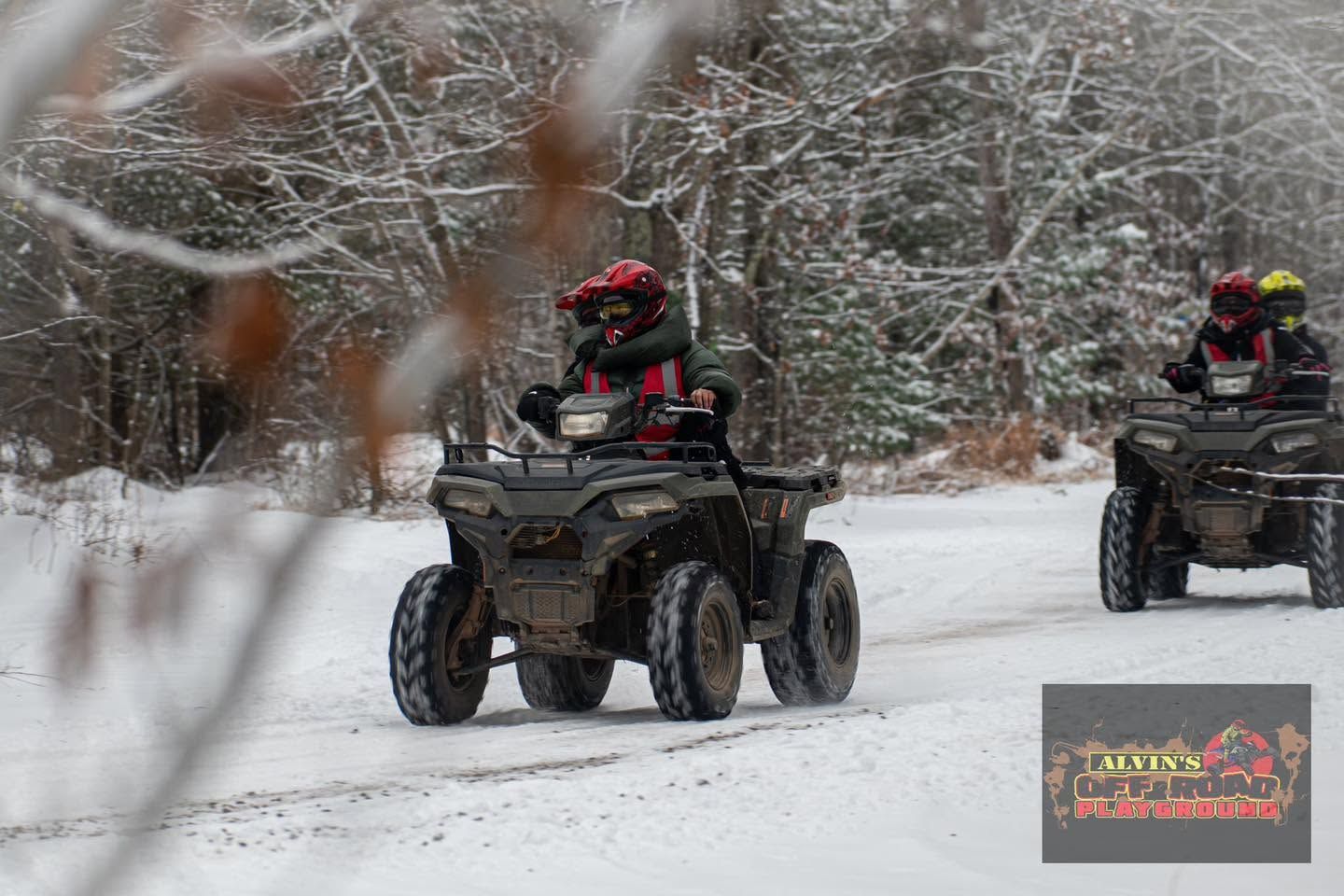 Winter ATV riding on a snow-covered trail in the Poconos