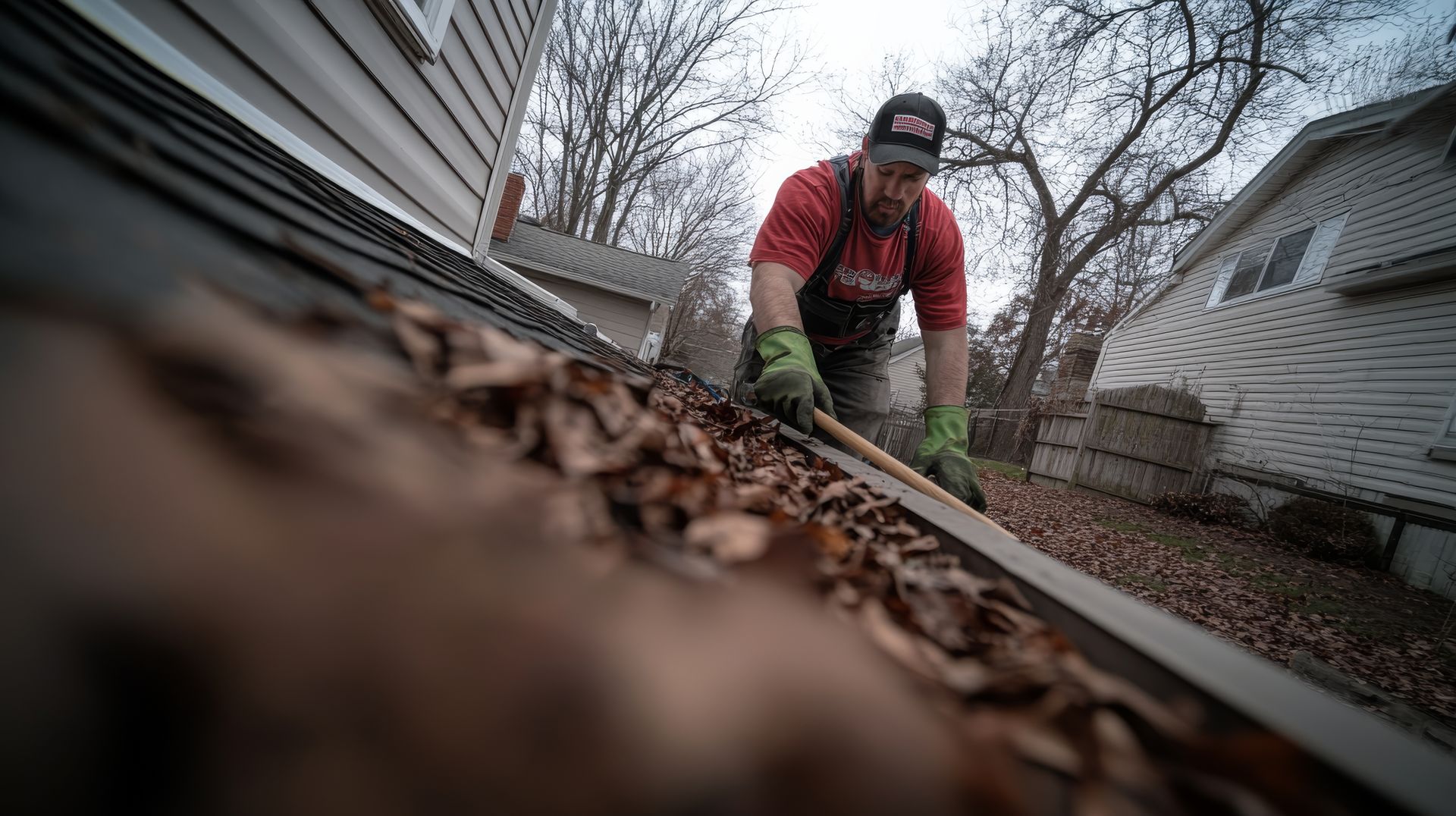 A man is cleaning a gutter of leaves from a house.