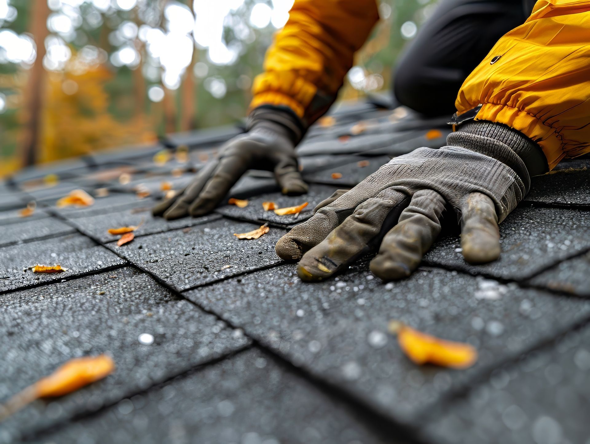 A person wearing gloves is working on a roof.