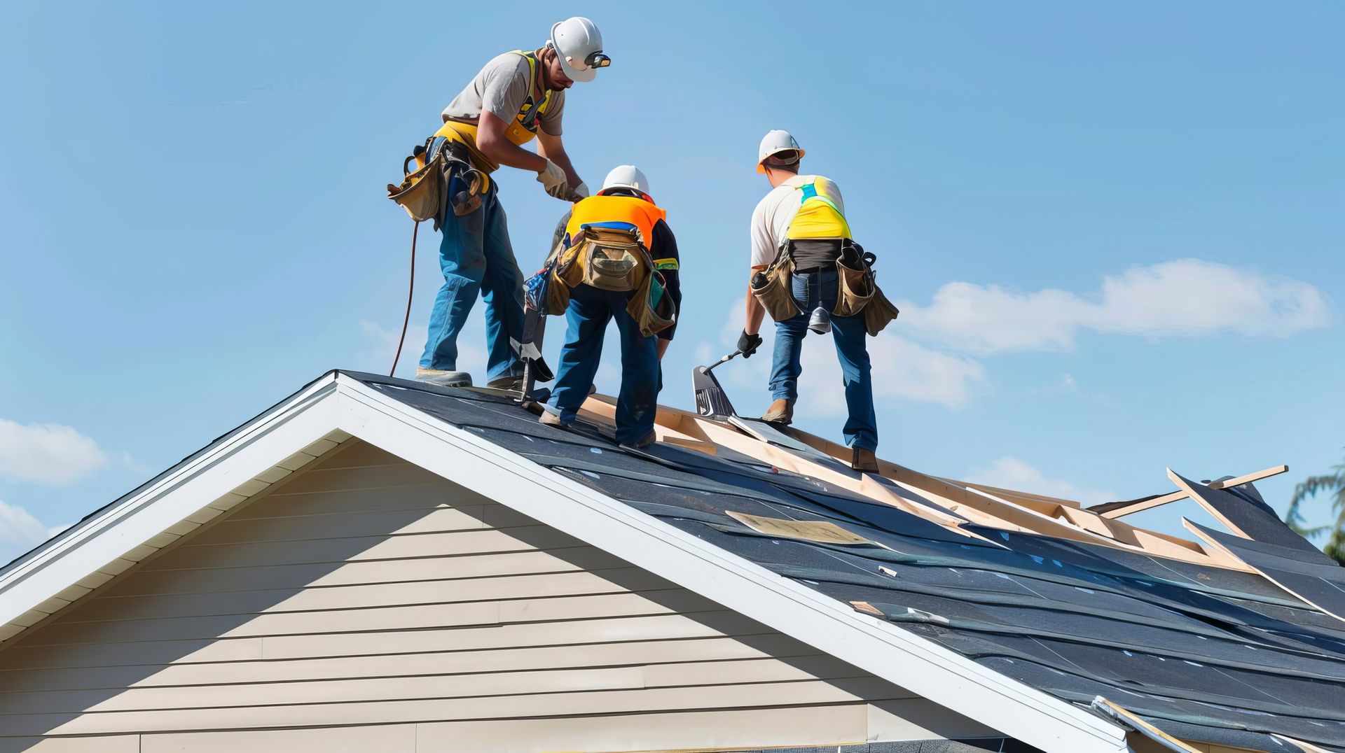 A group of construction workers are working on the roof of a house.