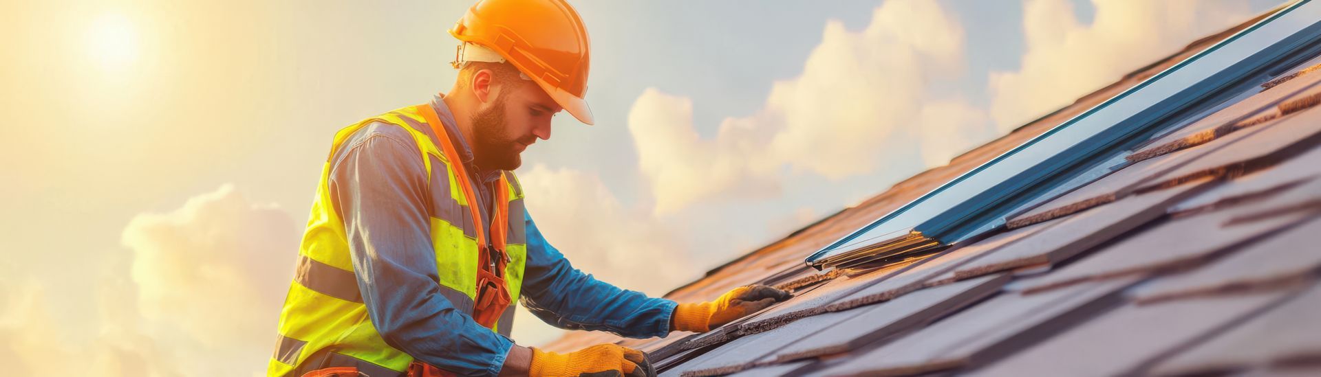 A man wearing a hard hat and safety vest is working on a roof.