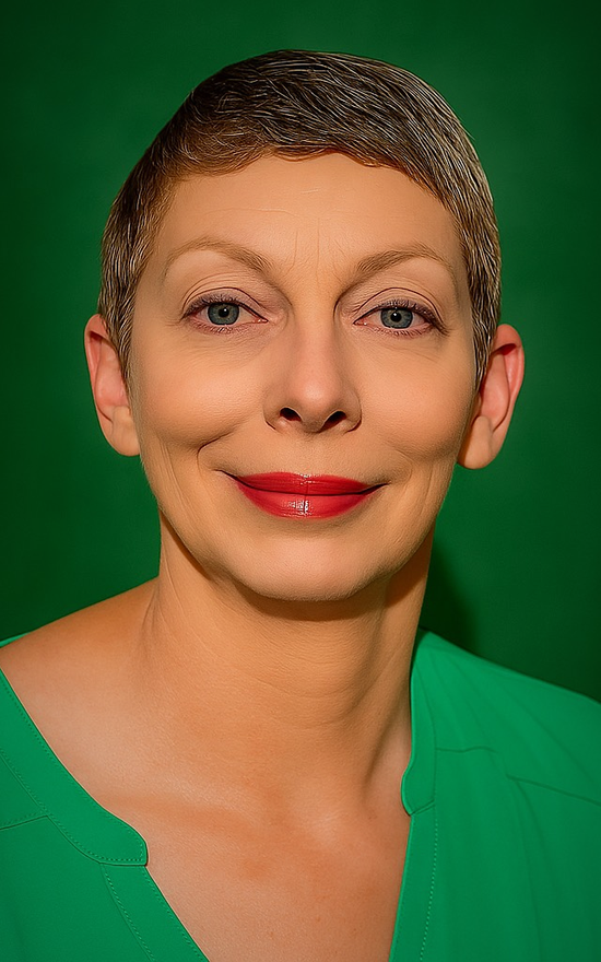 Headshot of woman with short hair in green shirt with green background