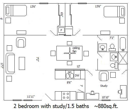 Floor Plan: 2 bedroom with Study 1.5 bathrooms
