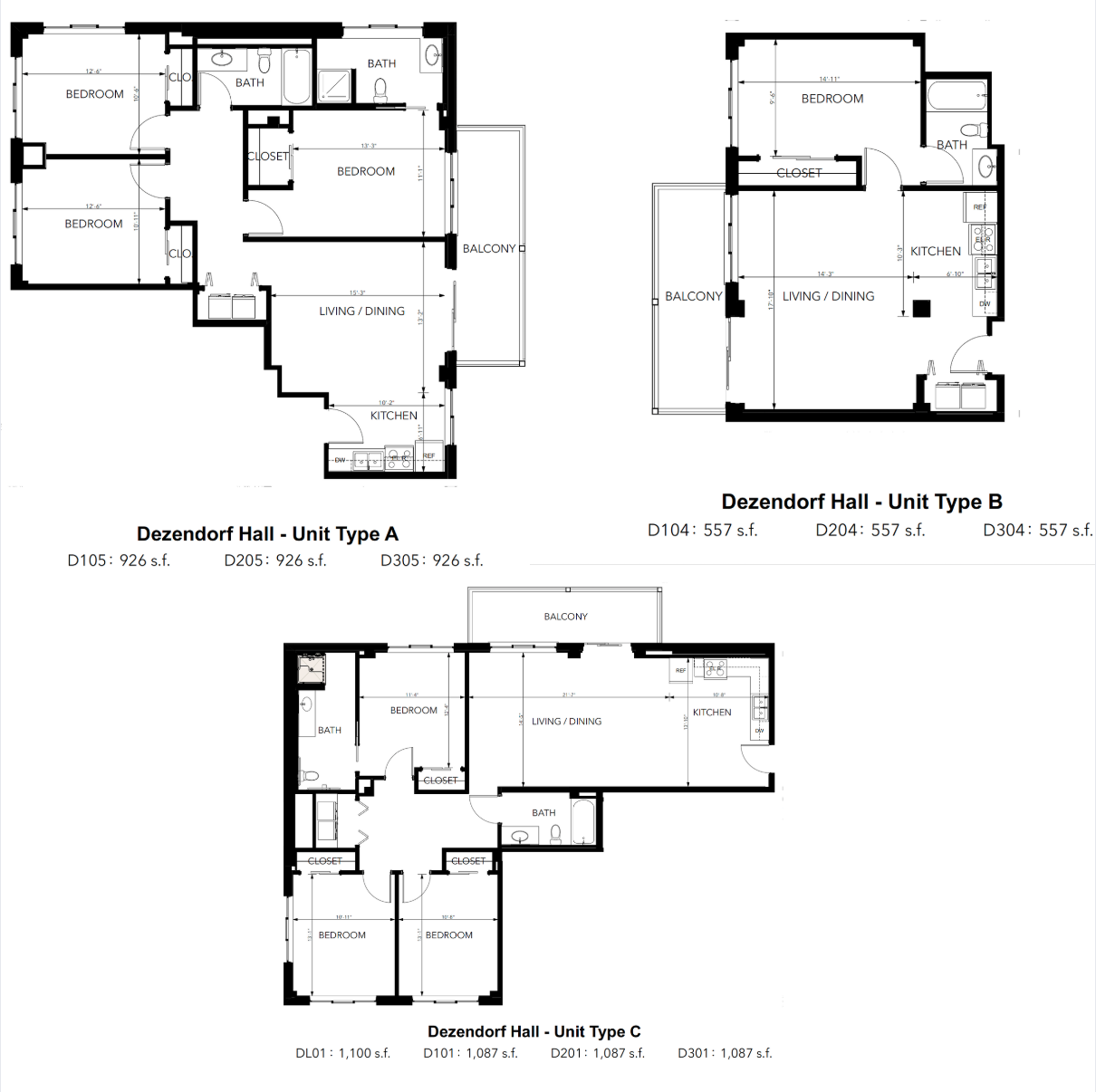 Floor plans of three different apartment units labeled Type A, Type B, and Type C in Deodorff Hall.