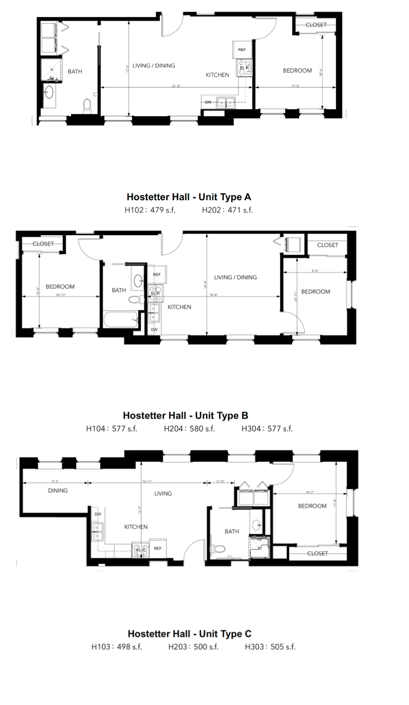 Three residential floor plans, labeled Type A, Type B, and Type C. Each layout features rooms like bedrooms, living areas, kitchens, and bathrooms.