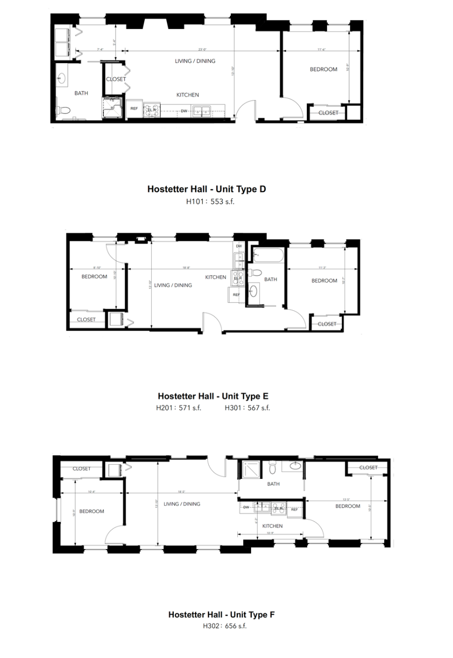 Floor plans of three different apartment units: One-bedroom and two-bedroom layouts, black lines on white background.