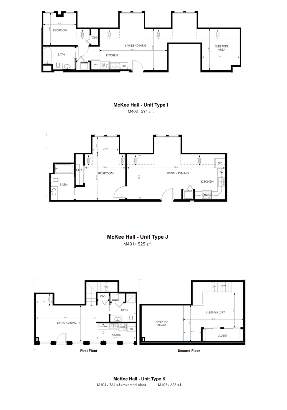Three floor plans of different apartment layouts: Top,